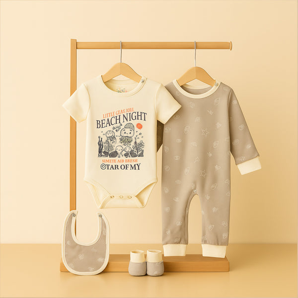 Baby Clothes 4-Piece Cotton Newborn Clothing Set - Grey & Cream Color