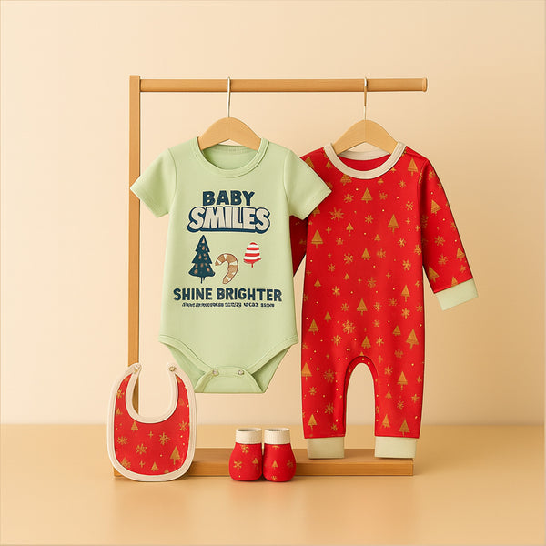 Baby Clothes 4-Piece Cotton Newborn Clothing Set - Red & Green Color